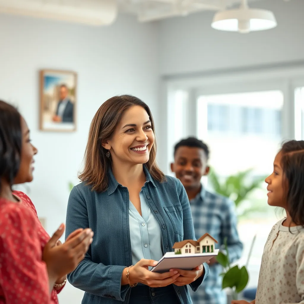 A photorealistic image of a friendly realtor, Lenise, with a warm smile, speaking Portuguese to a Brazilian family looking at a house model. The scene should be in a bright, welcoming real estate office, showcasing a professional yet comfortable environment. 