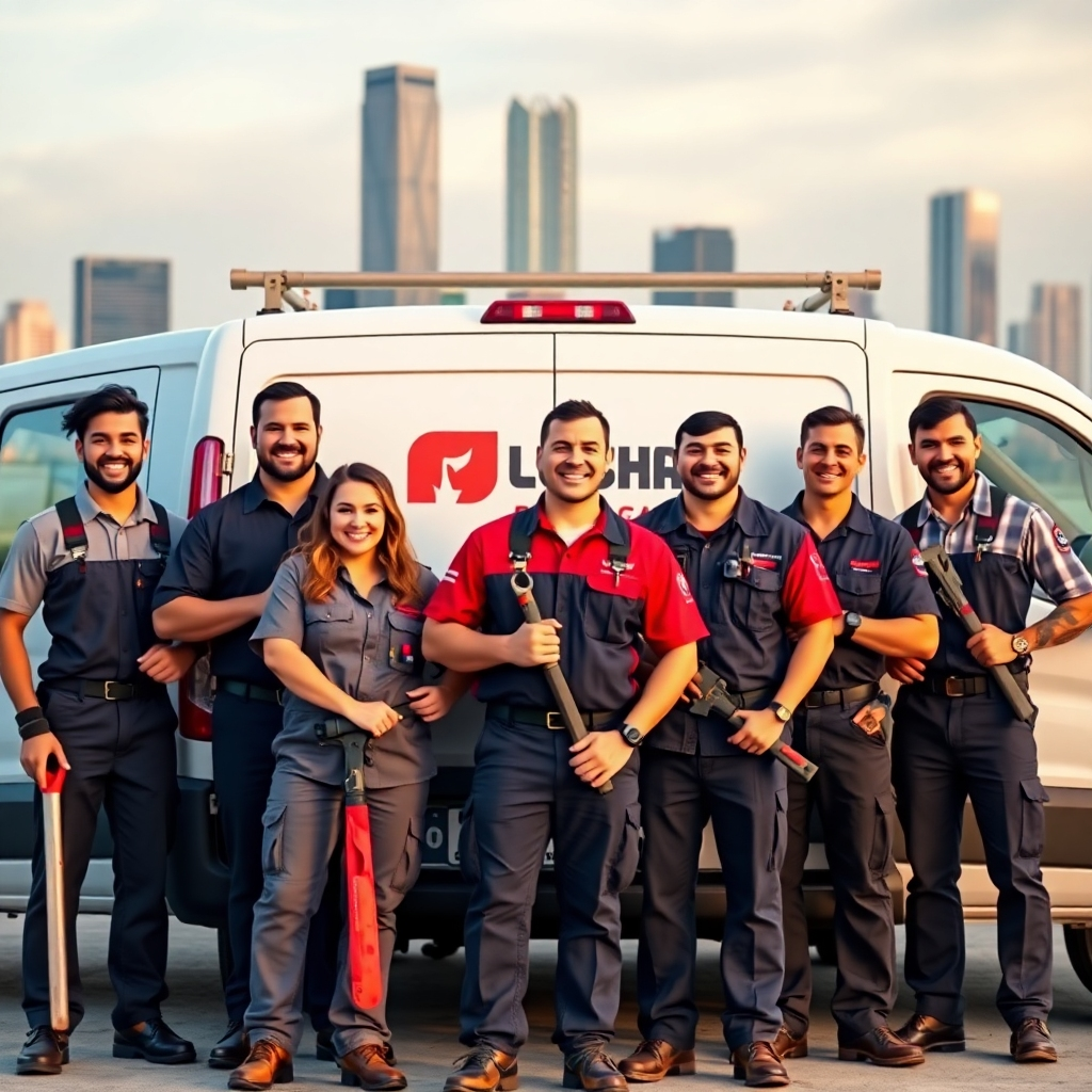 A photorealistic image of a group of diverse, smiling plumbers in Houston, TX, wearing professional uniforms and holding tools, standing in front of a clean, modern van with a company logo.  The background should show the Houston skyline. The image should convey trust, professionalism, and expertise.