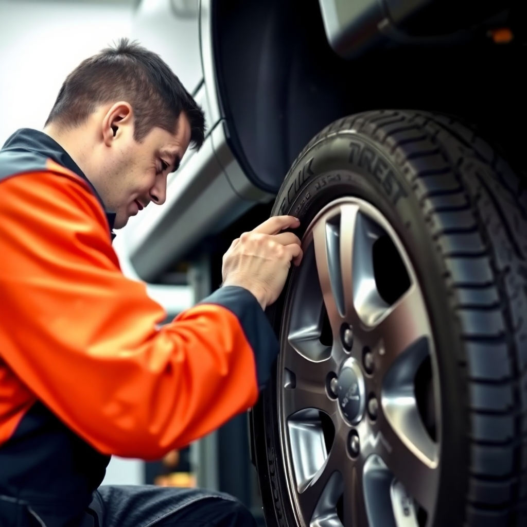 A photorealistic image of a mechanic carefully mounting and balancing a tire, emphasizing accuracy and precision. The image should convey a sense of professionalism and safety.