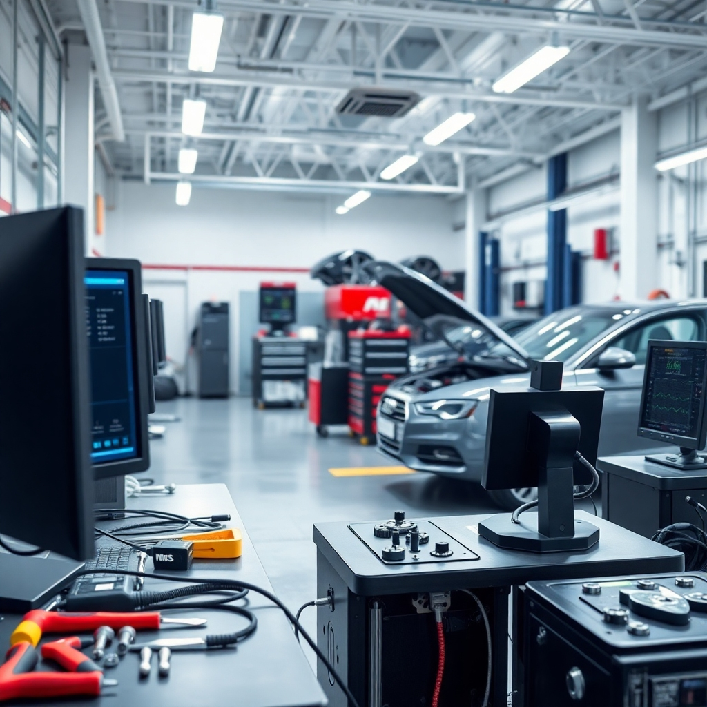 A photorealistic image of a modern, high-tech auto repair shop. The focus should be on a variety of advanced diagnostic tools and equipment, such as computerized diagnostic systems, laser alignment equipment, and specialized hand tools. The image should be bright, clean and modern, conveying a sense of high technology and efficiency.