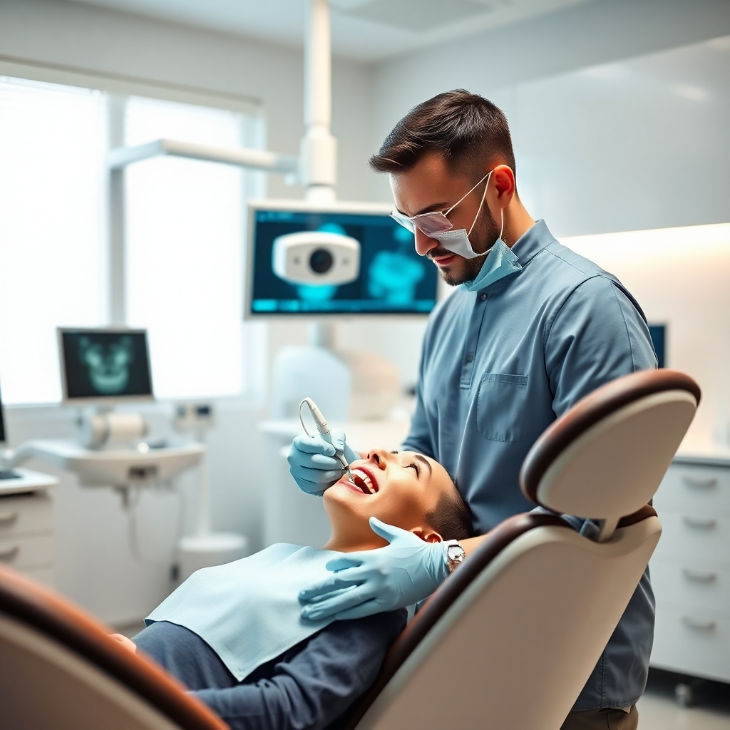 A photorealistic image of a modern dental operatory with advanced dental equipment, such as a digital X-ray machine and intraoral camera, subtly visible in the background. The focus should be on a dentist using a state-of-the-art tool to perform a procedure on a patient, with both looking relaxed and comfortable. The room should be bright, clean, and technologically advanced. High resolution, detailed, sharp focus