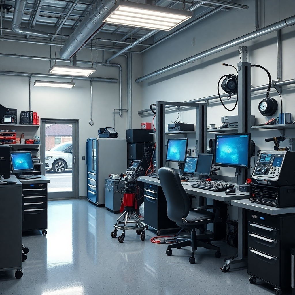 A photorealistic image of a modern, clean auto repair shop in Queens, NY, showcasing state-of-the-art diagnostic equipment, such as computer diagnostic systems and advanced tools.  The equipment should look high-tech and professional, with the shop itself appearing organized and efficient. The image should have bright, clear lighting and a professional atmosphere.