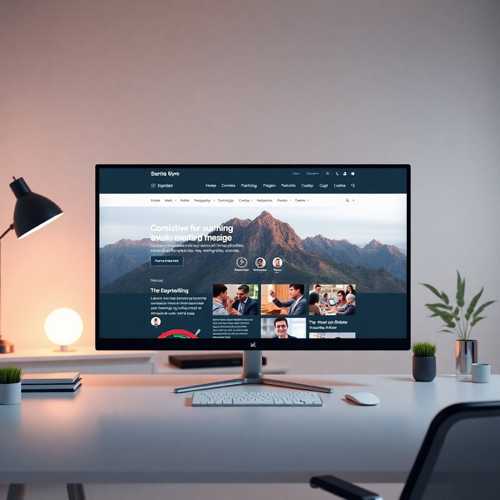 A photorealistic image of a stunning, custom-designed website on a large monitor, showcasing high-quality imagery, intuitive navigation, and a clear brand identity. The setting should be a modern, minimalist workspace. The image should evoke feelings of elegance, sophistication, and professionalism.