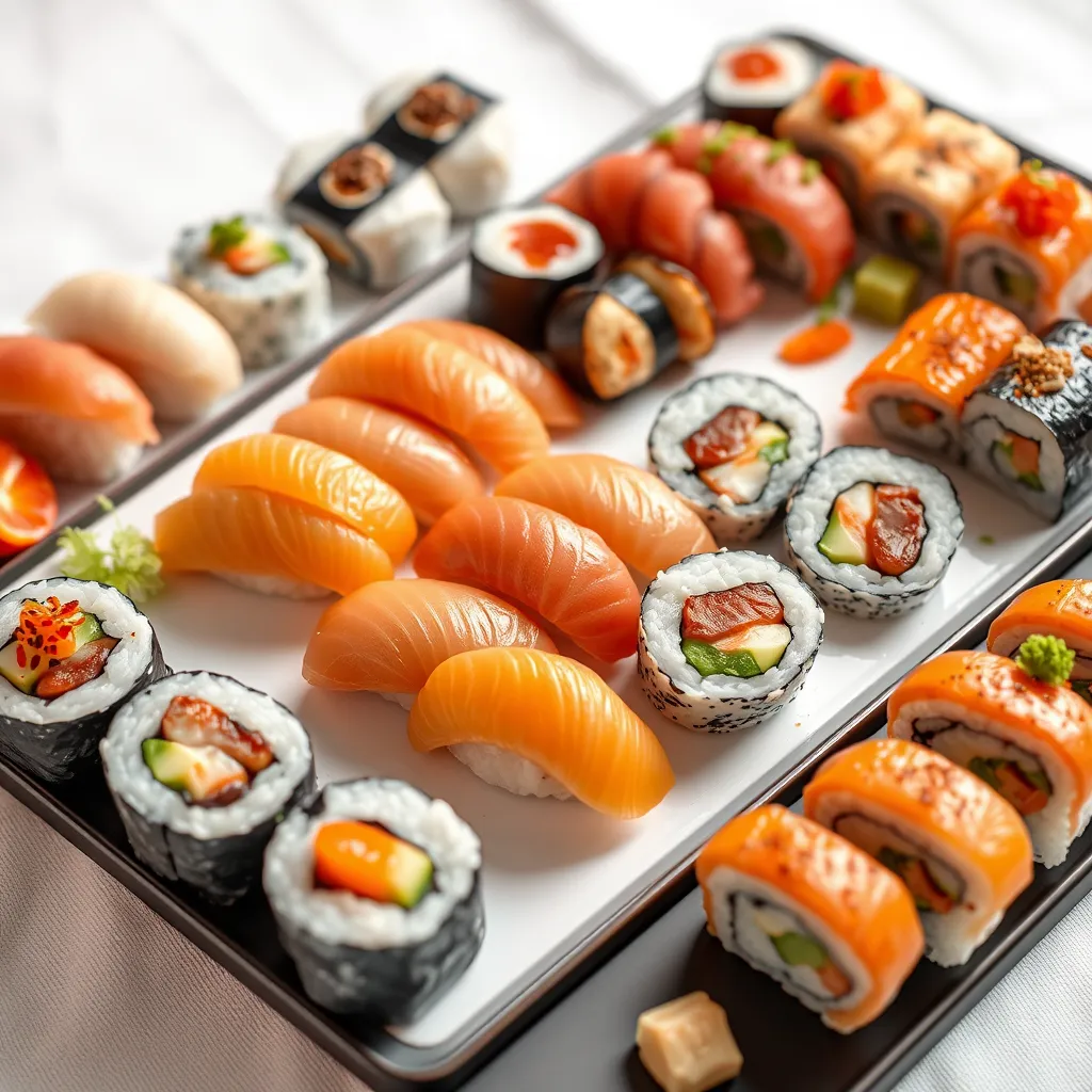 A photorealistic image of a sushi platter featuring a variety of nigiri and maki rolls. Each piece of sushi is meticulously arranged on the platter, with the fish sliced precisely and the toppings carefully placed. The background is a simple white tablecloth, allowing the vibrant colors and textures of the sushi to stand out. The image should capture the beauty and artistry of the sushi platter.