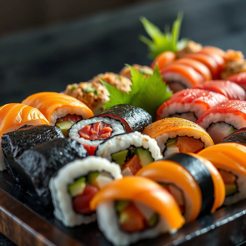 A photorealistic image of a sushi platter with a variety of sushi rolls, including salmon, tuna, yellowtail, and eel. The rolls are arranged in a visually appealing pattern, highlighting the different colors and textures of the fish. The image should evoke a sense of adventure and exploration, emphasizing the variety of culinary experiences available on this platter.