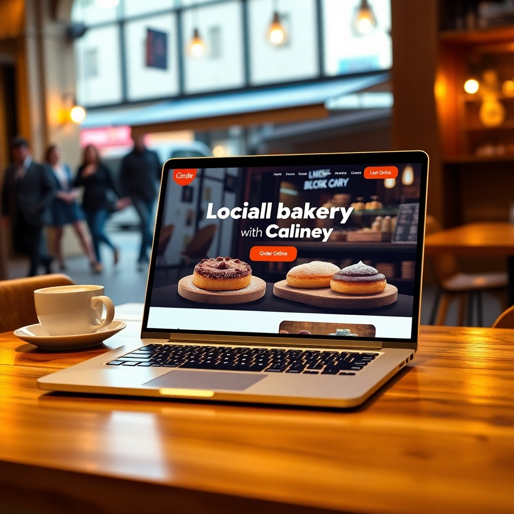 A photorealistic image of a vibrant, modern website displayed on a laptop screen, showcasing a local bakery with mouth-watering pastries and a clear 'Order Online' button. The background should subtly feature a busy street with people walking past the bakery's storefront. The overall lighting should be warm and inviting.  The laptop should be positioned on a wooden table in a well-lit coffee shop.