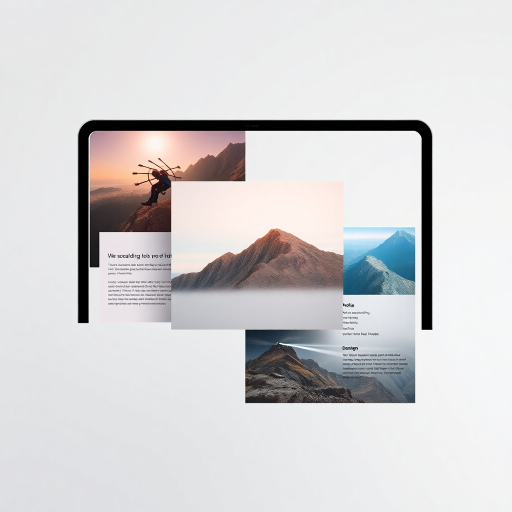 A photorealistic image of a website section showcasing overlapping cards with varying heights and colors. Each card contains a captivating image and concise text.  The background is a soft, light gray. The style should be clean and modern, with a focus on visual hierarchy and depth of field.  The lighting is soft and diffused, enhancing the overall aesthetic appeal.