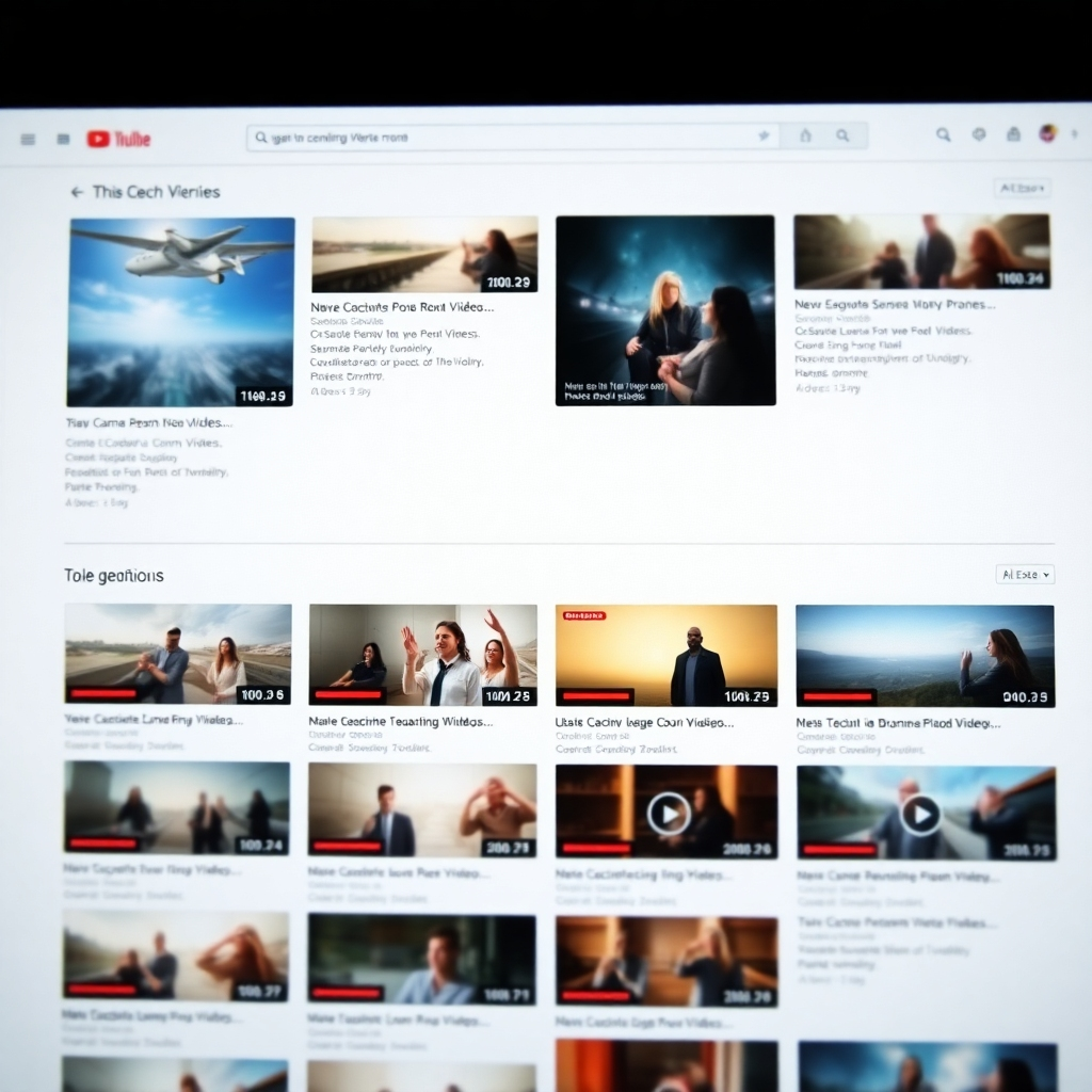 A photorealistic image of a website section displaying a list of videos, similar to the YouTube homepage.  Each video thumbnail should be high-resolution and visually appealing.  The layout should include titles, short descriptions, and video durations, all in a light and clean design. The website is in light mode, with clear typography and a light grey background.