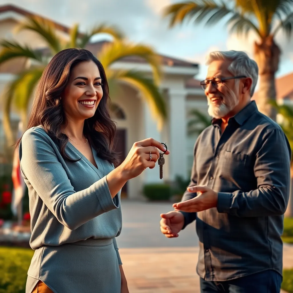 A photorealistic image of Lenise, holding a key, warmly handing it over to a happy Brazilian couple who have just purchased their new home. The background should be a beautiful Orlando neighborhood, capturing the feeling of accomplishment and joy during a successful real estate transaction.