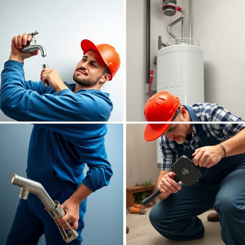 A photorealistic image showcasing three different plumbers working on distinct plumbing tasks. One plumber is fixing a leaky faucet, another is working on a water heater, and a third is using a specialized tool to clear a drain. Each scene should be well-lit and professionally shot, emphasizing precision and expertise.