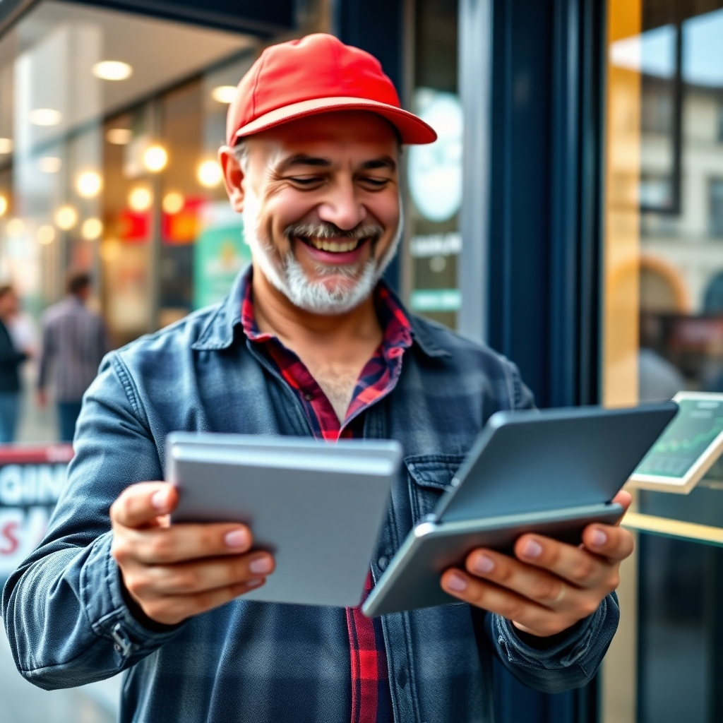 A photorealistic image showing a happy local business owner looking at their thriving website analytics on a tablet, showcasing a significant increase in website traffic and customer engagement. The background should subtly feature the exterior of their bustling shop or business premises. The overall feeling should be one of success and growth.