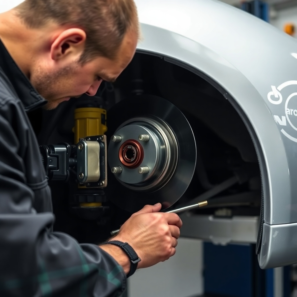 A photorealistic image showing a mechanic working on a car's brake system, highlighting the quality parts and tools used for safe and efficient repair. The overall image should emphasize the importance of brake safety.