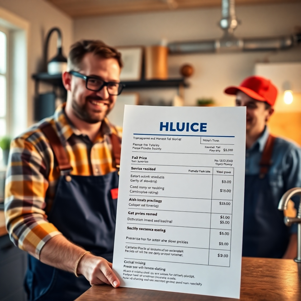 A photorealistic image showing a transparent and honest plumber's invoice detailing fair pricing for various services rendered.  In the background, a happy homeowner should be shown interacting positively with a friendly plumber.  The scene should depict a clean and organized workspace.  The image should highlight affordability and transparency.