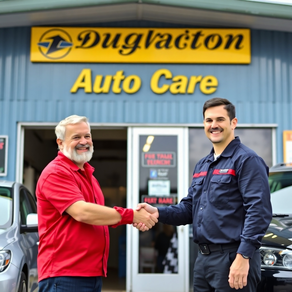 A photorealistic or stylized image of the Douglaston Auto Care shop, with a happy customer and a mechanic shaking hands to emphasize the trusting atmosphere.
