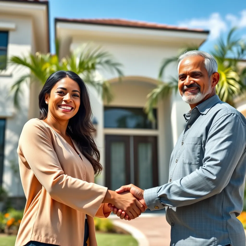 A smiling Lenise, dressed professionally, is warmly shaking hands with a Brazilian couple. They are standing in front of a modern, sunny Orlando home. The background features palm trees and a blue sky, creating a welcoming and vibrant atmosphere.