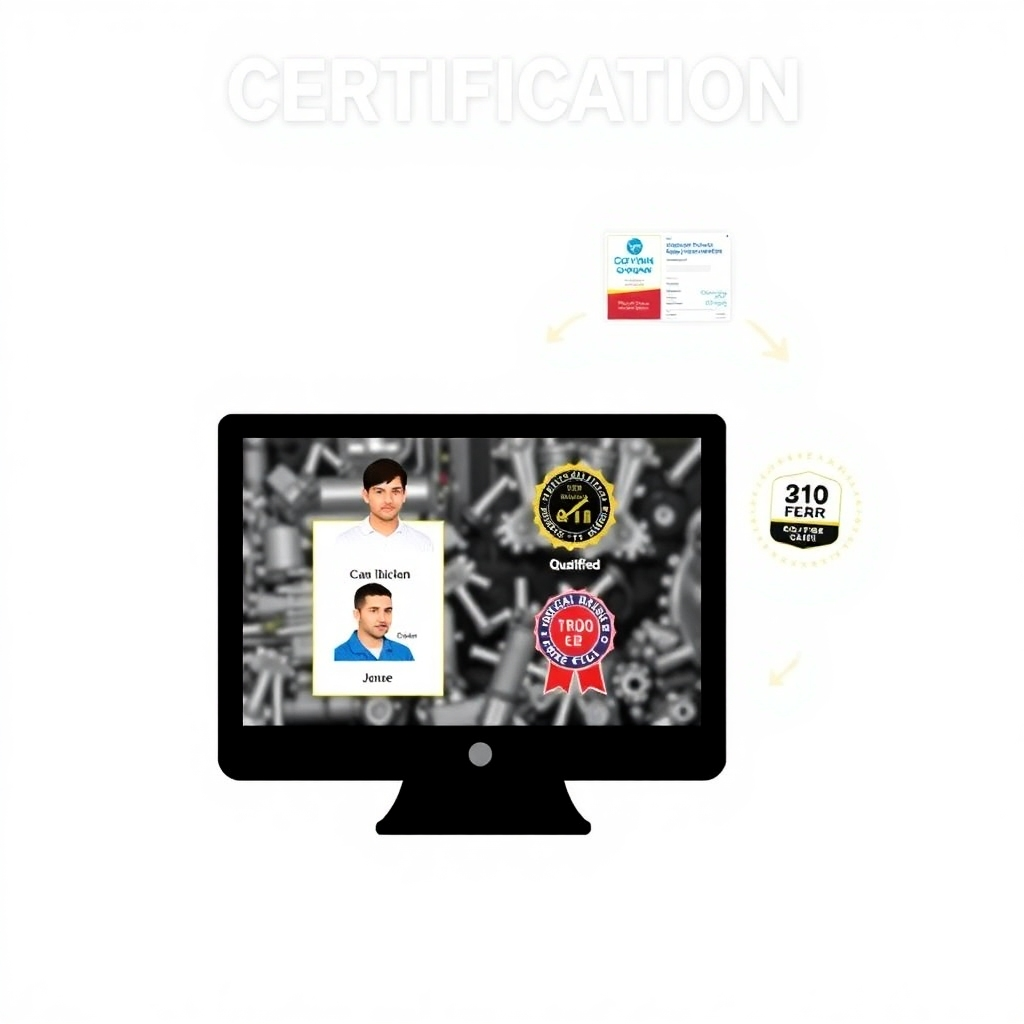 A stylized image illustrating the certification process, with images of qualified mechanics and their certifications displayed on a digital screen.