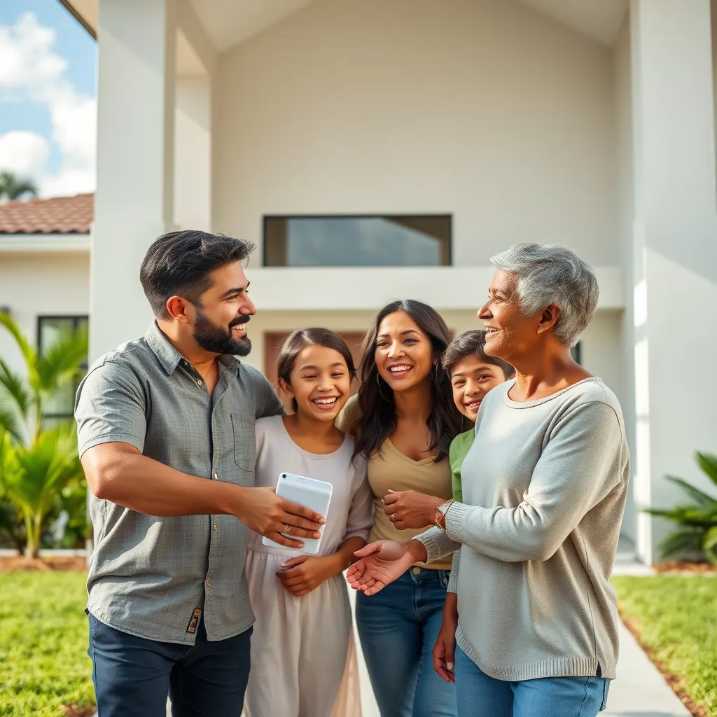 A vibrant photorealistic image depicting a Brazilian family happily exploring a modern, spacious house in a sunny Orlando neighborhood. The image should capture Lenise, smiling and interacting with the family, showcasing her knowledge of the local area and expertise in helping them find their ideal home.  