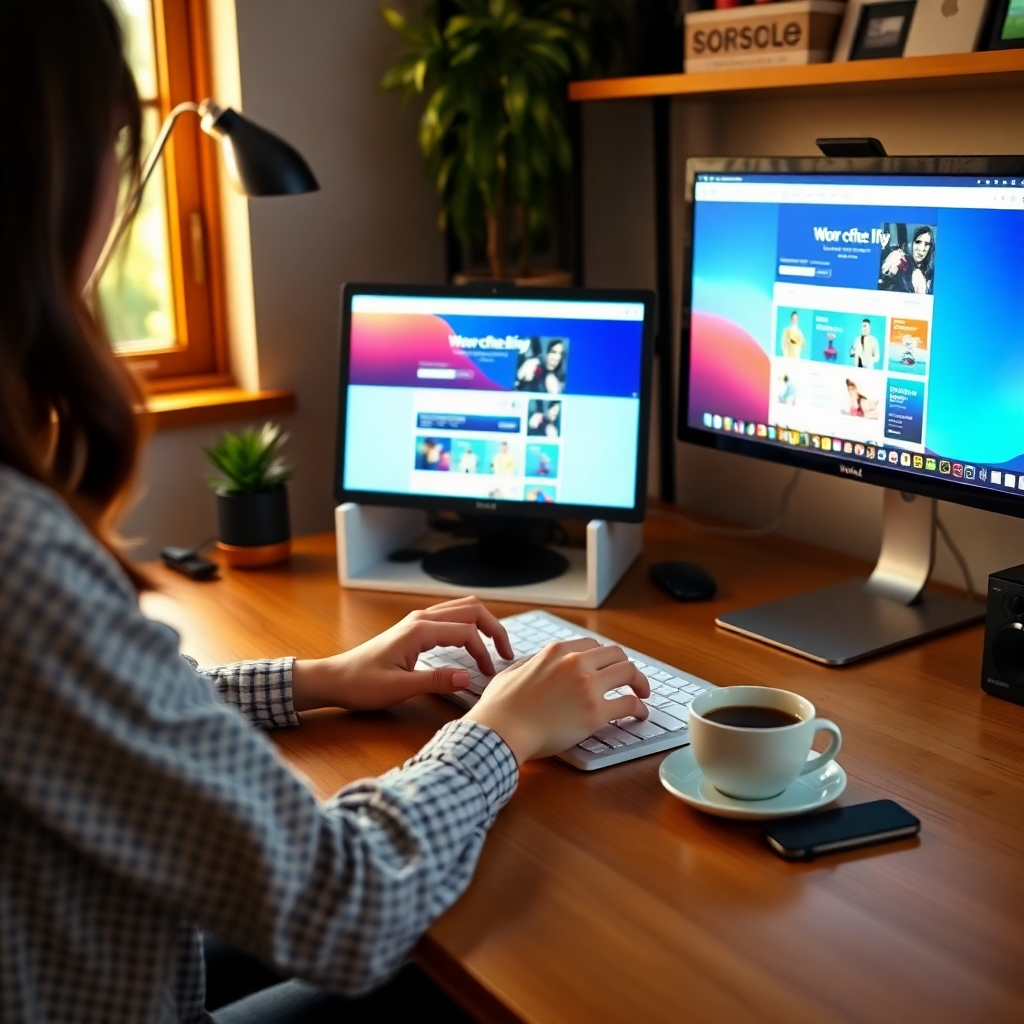 A photorealistic image depicting a happy business owner smiling confidently in front of their new, modern website displayed on a large monitor. The background should subtly showcase positive customer reviews and rising sales charts. The overall mood should be upbeat and celebratory.