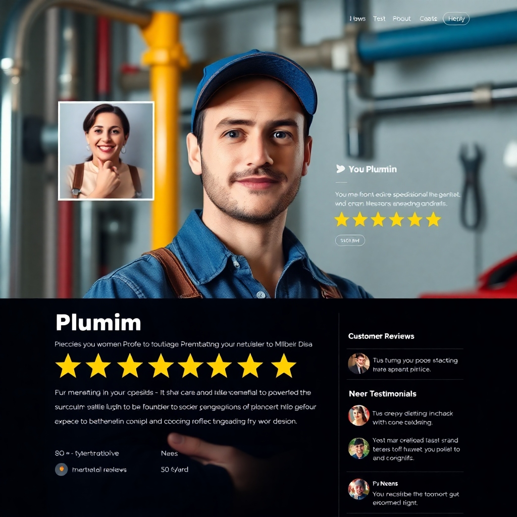 A webpage showcasing a plumber profile. It should include a professional headshot of a plumber, a detailed description of their services, a star rating system for customer reviews, and a section for customer testimonials. The background should subtly incorporate elements of plumbing, like pipes or tools.