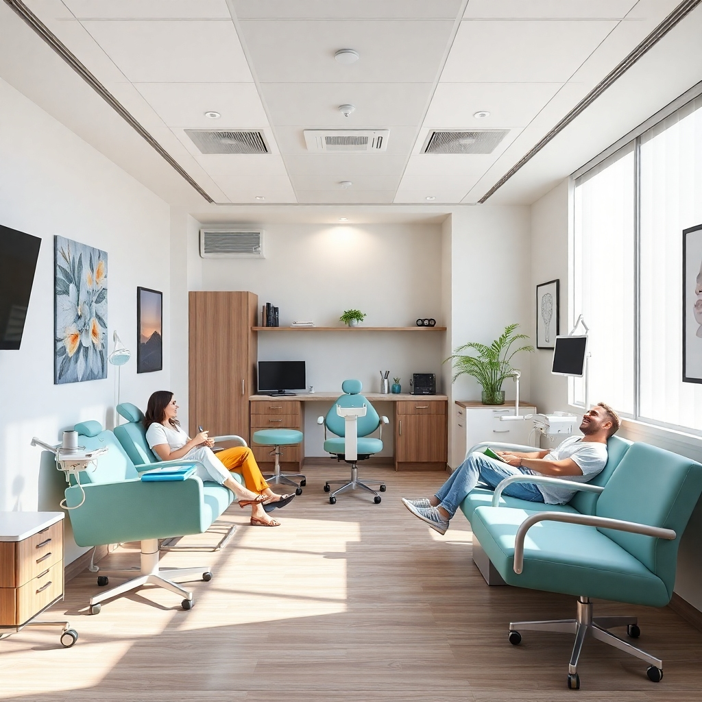 A wide shot of a bright, modern dental office with comfortable seating, soft lighting, and calming decor.  Patients should appear relaxed and at ease.  The image should evoke feelings of calmness and tranquility.  High-quality textures and lighting are essential.