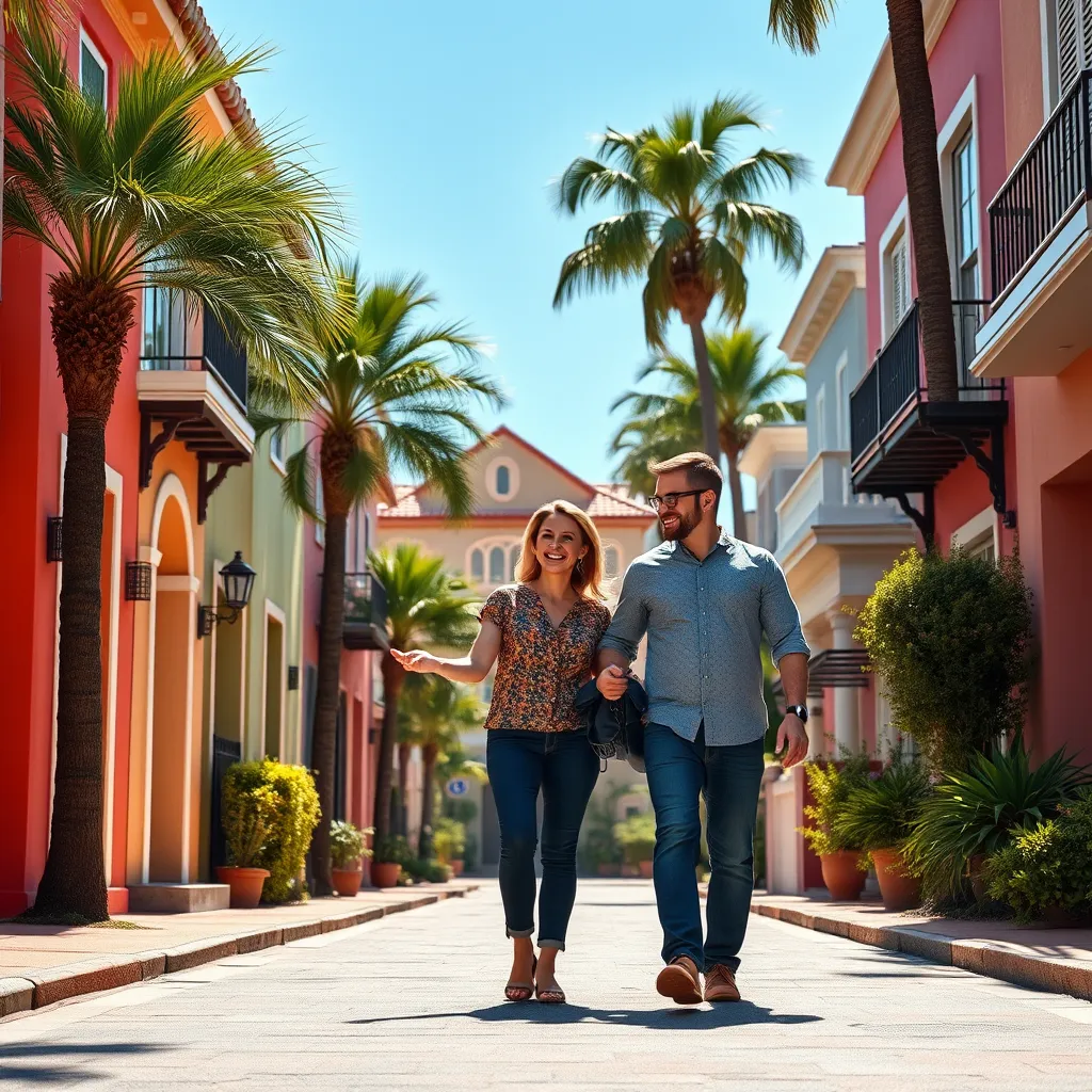 A woman and a real estate agent walking together down a charming street lined with colorful houses, with palm trees and a bright blue sky in the background.  The woman is smiling and pointing to a specific house.