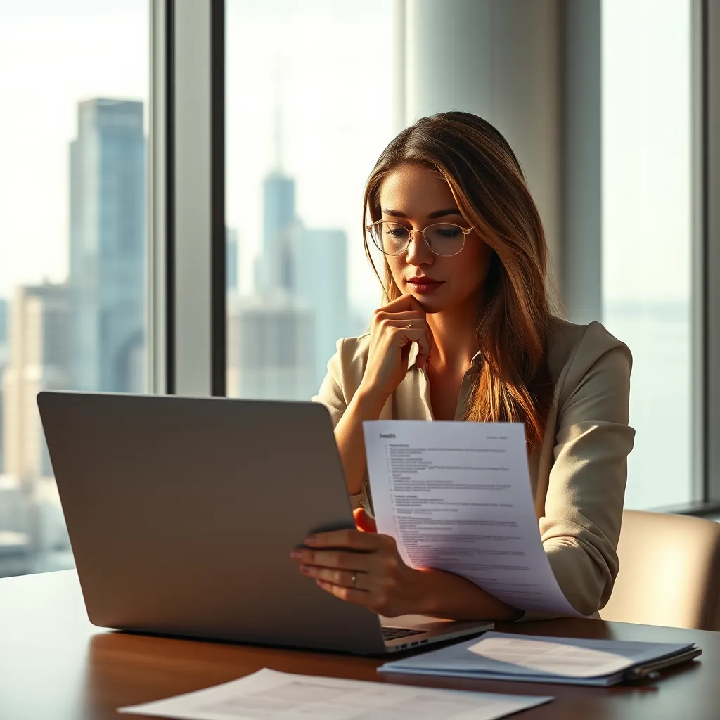 A woman sitting at a table, thoughtfully reviewing a list of criteria, with a laptop open in front of her. The background is a modern, minimalist office setting with a large window overlooking a city skyline.
