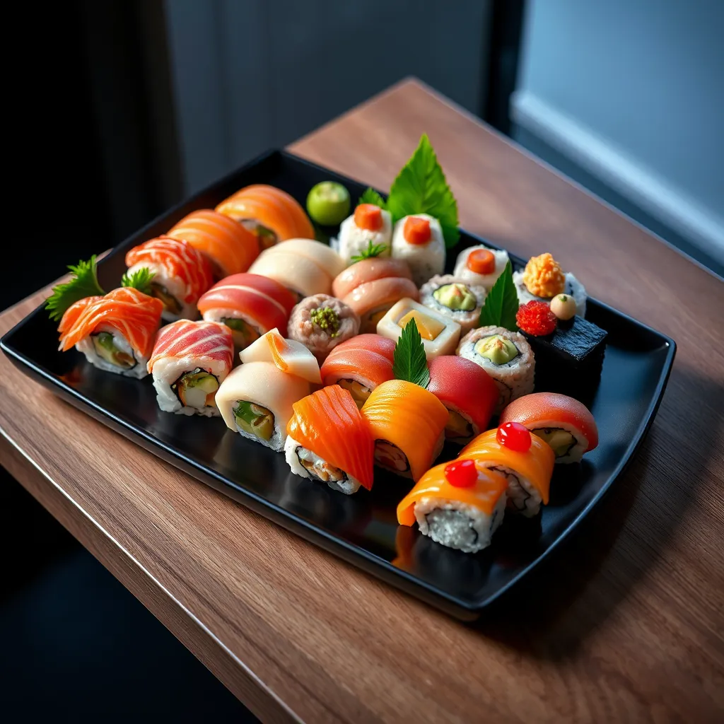 An elegant and sophisticated chef's selection sushi platter, showcasing a curated selection of the chef's most exquisite creations. The platter is arranged on a sleek black plate, with a modern minimalist backdrop. The sushi rolls are meticulously crafted, featuring a variety of premium ingredients, including fresh sashimi, delicate seafood, and exotic vegetables. The lighting is soft and warm, highlighting the texture and vibrancy of the ingredients. The image should be ultra-detailed and photorealistic, capturing the beauty and artistry of each roll. The camera angle is slightly overhead, showcasing the entire platter in a way that highlights its intricate details. The overall mood should be one of refinement and luxury, reflecting the excellence of Ganda Sushi's chef's selection platter.  The image should convey a sense of exclusivity and craftsmanship, representing the highest quality sushi experience.
