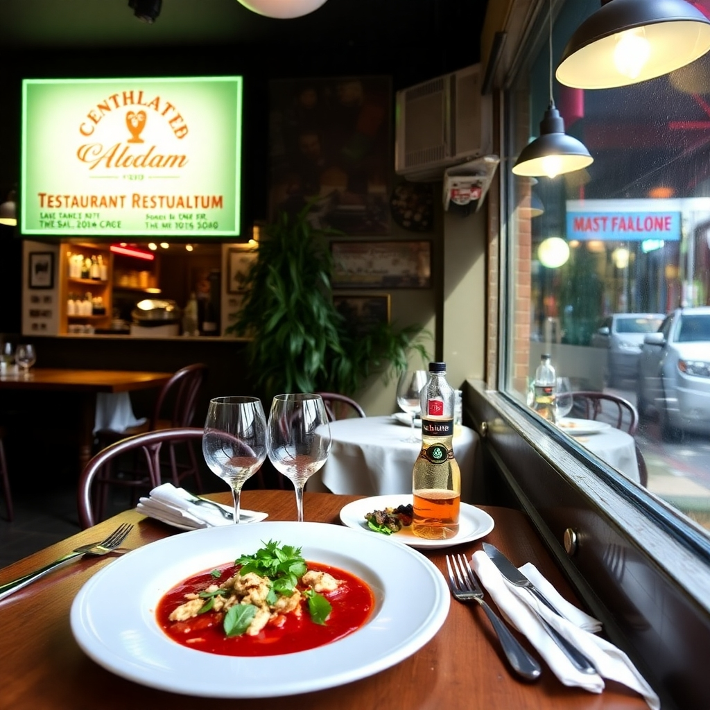 A vibrant street in Queens with a variety of restaurants and cafes. Include an Asian noodle shop, an Italian pizzeria, and a Mexican taqueria. People of different ethnicities enjoying their meals at outdoor tables.