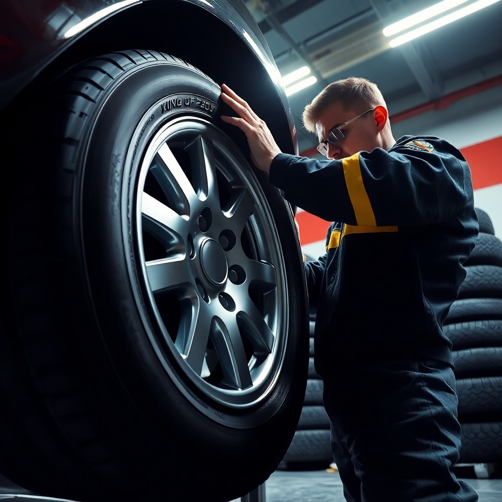 An ultra-high definition (8K), hyperrealistic image showcasing a tire technician at King of Queens Auto Service Corp. expertly mounting a new tire onto a wheel. The setting is a modern, well-lit tire service bay within the Queens, NY auto repair shop. Dramatic side lighting accentuates the technician's focused actions and the precision of the task.  The color palette is vibrant, featuring the deep blacks of the tire, the metallic grey of the wheel, and the sharp contrast of the yellow King of Queens Auto Service Corp. branding on the technician's uniform. The camera angle is low and dynamic, adding a sense of energy and professionalism.  The texture of the tire rubber, wheel metal, and the technician's hands should be realistically detailed.  In the background, other tires are neatly stacked and organized, reflecting the efficiency of the shop. The style is reminiscent of a professional product shot for a high-end tire manufacturer, emphasizing quality and precision. The image should evoke a sense of expertise and care.