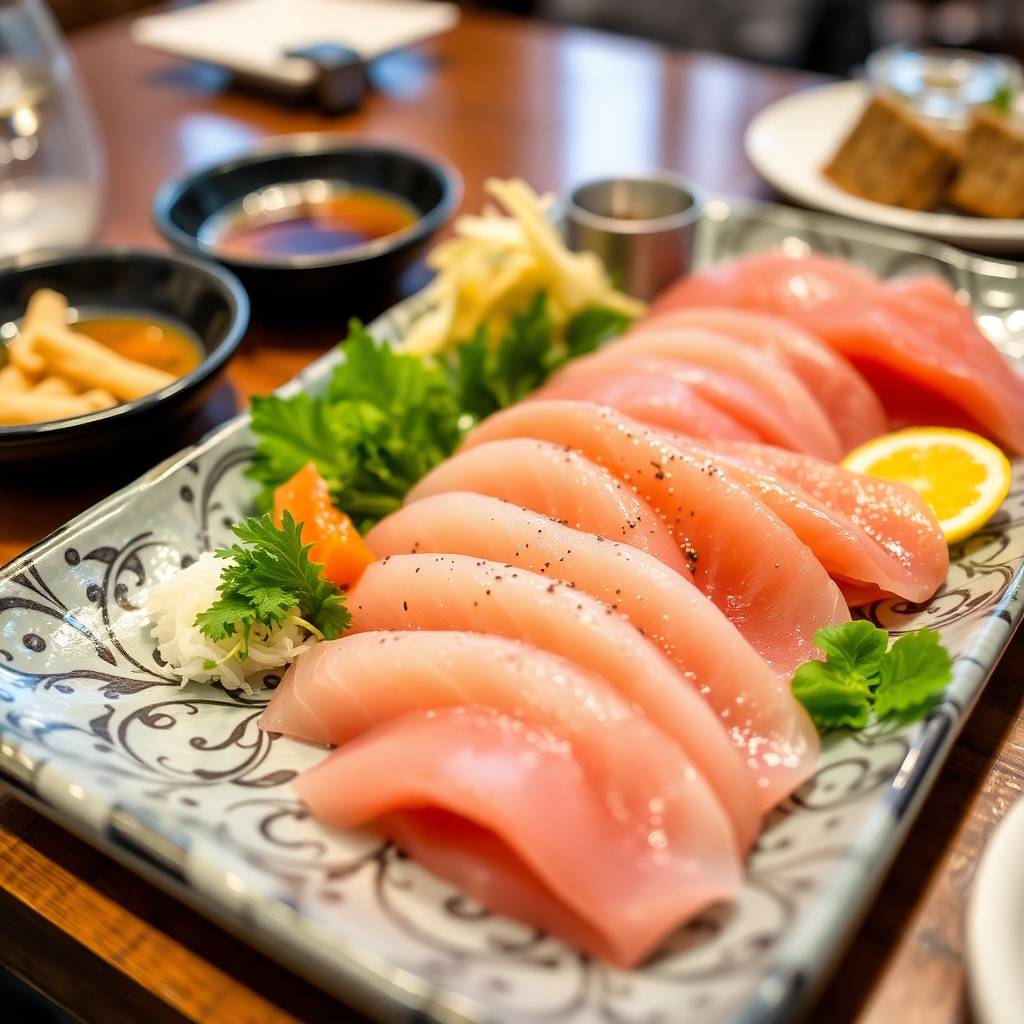 A photorealistic image of a cozy Japanese restaurant interior with wooden furnishings, paper lanterns, traditional art on the walls, and low seating arrangements surrounded by indoor plants, creating a serene and authentic atmosphere.