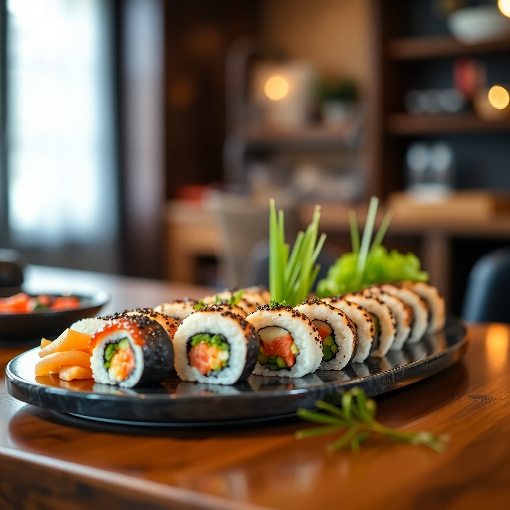 A high-quality image of a friendly Japanese chef behind a sushi counter, smiling warmly, with patrons enjoying their meals in the background. The chef is wearing traditional attire and is in the process of preparing sushi.
