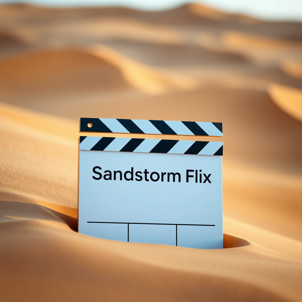 Create a 4K resolution image of a stylized film clapperboard against a backdrop of shifting sand dunes. The clapperboard is sleek and modern, with the words 'Sandstorm Flix' prominently displayed. The sand dunes should have a subtle, artistic texture, evoking both the company name and the ephemeral nature of film. The color palette should be warm and inviting, using golden and beige tones for the sand and contrasting them with a deep blue or black for the clapperboard. The lighting should be soft and diffused, creating a sense of depth and mystery. The camera angle should be a close-up, focusing on the clapperboard and the texture of the sand. The overall style should be clean, modern, and sophisticated, reflecting the company's commitment to quality and innovation, inspired by minimalist design and desert landscapes.