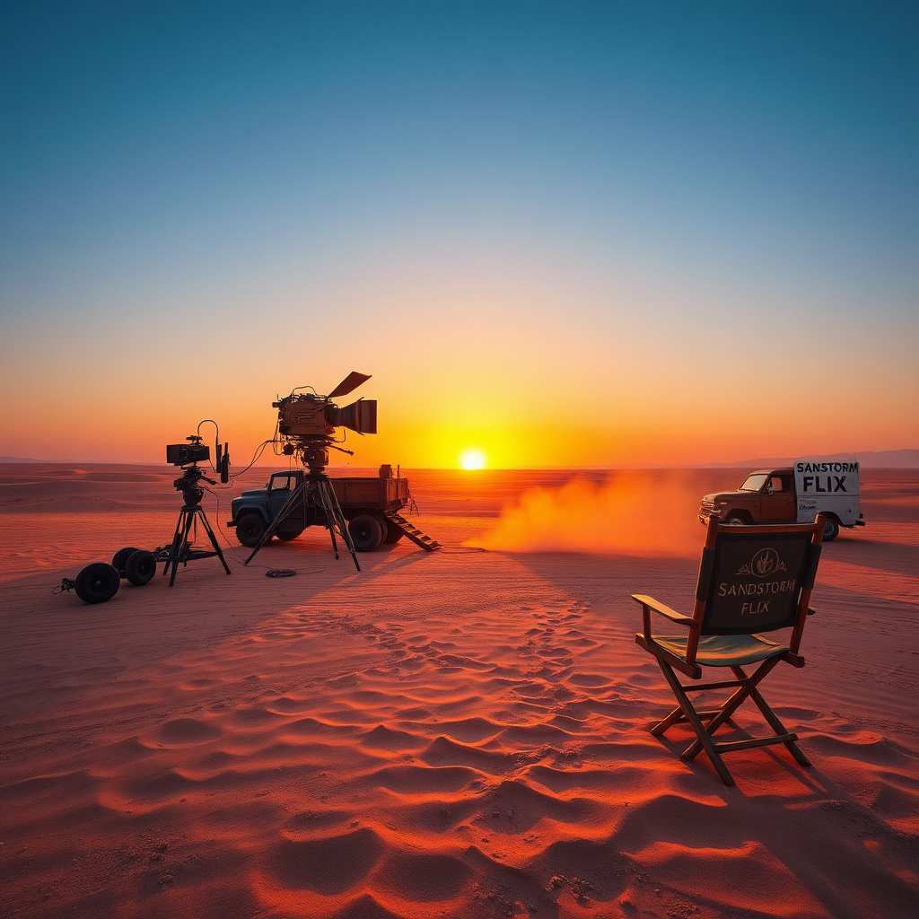 Create a hyperrealistic 8K resolution image of a vast, windswept desert landscape at sunset. In the foreground, a classic Hollywood-style film set is being erected. The set includes vintage film cameras, lighting equipment, and a director's chair. The color palette should consist of warm oranges, reds, and yellows from the setting sun, contrasting with the cool blues of the twilight sky. Dust particles float in the air, illuminated by the setting sun and the film set lights. The camera angle should be a wide shot, capturing the scale of the desert and the film set. Texture details should be highly realistic, showcasing the grit of the sand, the sheen of the film equipment, and the fabric of the director's chair. The overall style should evoke a sense of adventure, creativity, and the magic of filmmaking, resembling a still from a high-budget historical film. The 'Sandstorm Flix' logo subtly incorporated into the scene, perhaps as a sign on one of the equipment trucks.