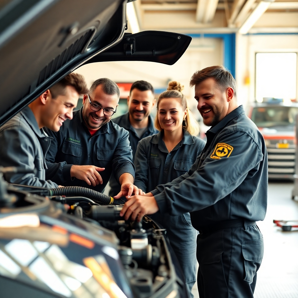 Create a photorealistic 4K image showcasing a diverse team of friendly and skilled mechanics working collaboratively on a car. The image should be bright and inviting, using a medium shot to capture both the mechanics and their work. The composition should emphasize the team spirit and professionalism. The lighting should be natural and warm, conveying trust and competence. The color palette should be warm and friendly, including earth tones and bright accents. The camera angle should be slightly low, making the mechanics appear approachable. The texture details should be clearly visible; you should see the detail of the mechanics' tools and the car they are working on. The environment should be a well-organized and modern auto repair shop. The overall style should evoke a sense of community and teamwork, while also showcasing the skill and precision of the mechanics. The image must be high-quality, creating an inviting and trustworthy impression.