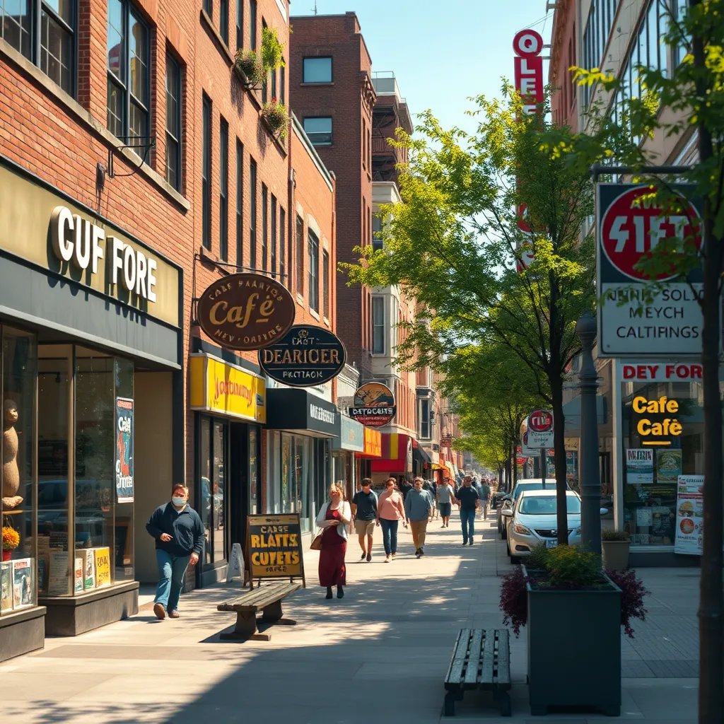 Create a photorealistic image of a bustling street in Queens, New York, filled with various local shops and storefronts. Capture the vibrant atmosphere of small local businesses, with clear and bold storefront signs such as a café, a bookstore, and a boutique clothing store. Use bright, natural daylight to create a cheerful and inviting mood. The color palette should be rich and varied to represent a diverse neighborhood. The camera angle should be at street level with a slight wide-angle perspective to give depth and dimension. Textures of brick buildings, glass windows, and vintage signage should be ultra-detailed. Include pedestrians walking, resting on benches, and engaging in conversations. The environment should reflect a typical day in Queens with green trees, clean sidewalks, and occasional parked cars. Compose it in an urban, photorealistic style, reminiscent of the works of street photographers. Render in 8K resolution with hyperrealistic and ultra-detailed elements.