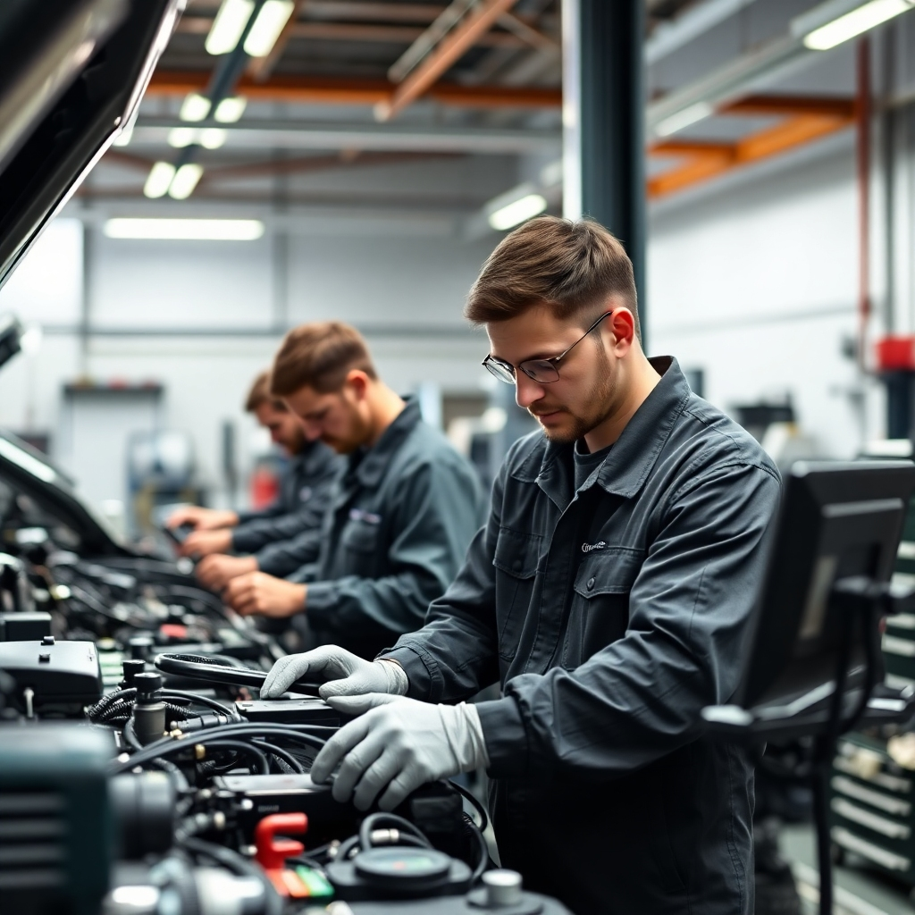 Create a photorealistic image of several mechanics working in a well-lit workshop, using the most advanced automotive tools and diagnostic equipment. Showcase the mechanics’ professionalism and expertise by showing them working efficiently and with precision.