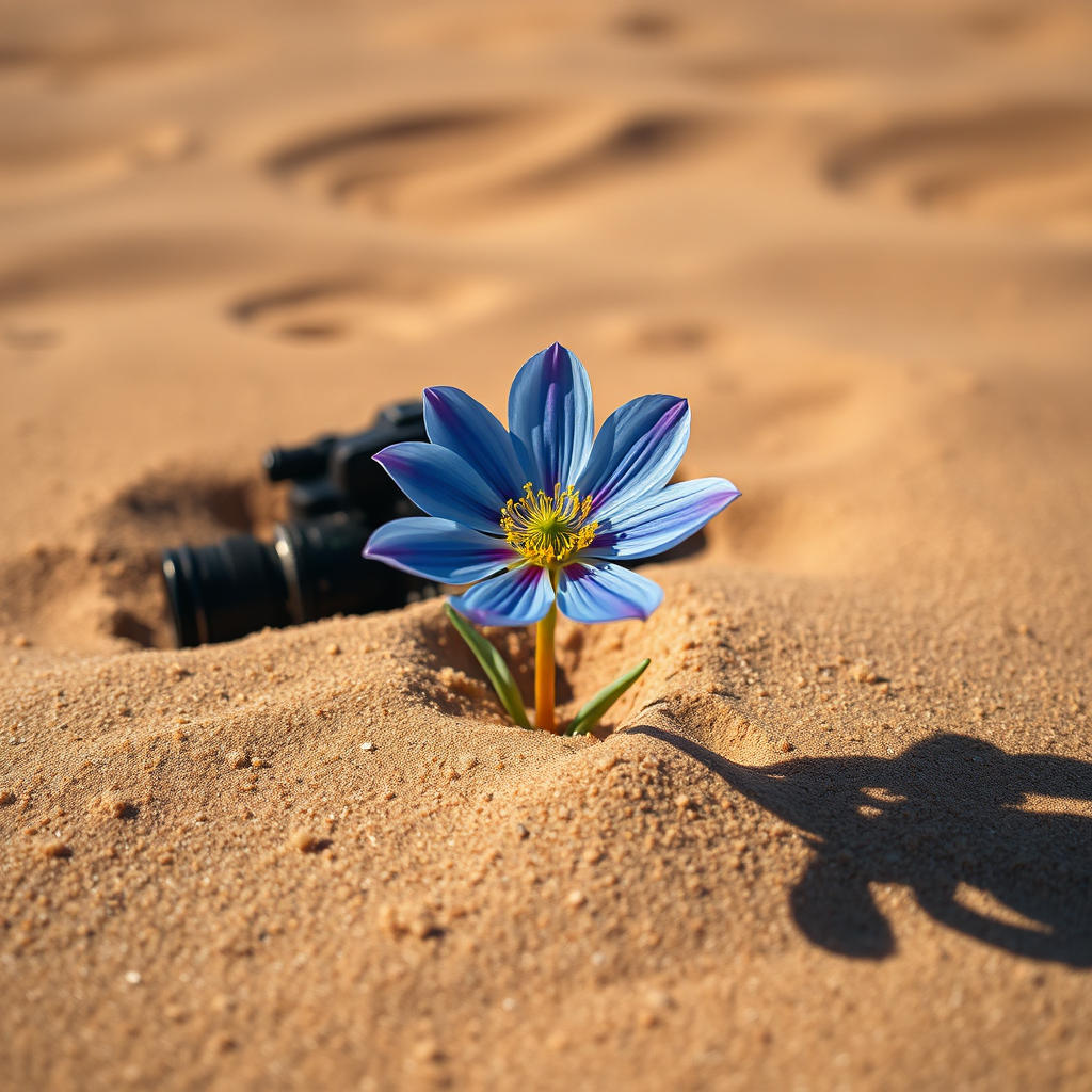 Create a striking image of a desert flower blooming in the harshest conditions. The flower should be an unusual color, perhaps a vibrant electric blue, contrasting with the earthy tones of the surrounding sand. In the background, a stylized film camera is partially buried in the sand. Focus on texture details to convey resilience and uniqueness. The lighting should be dramatic, casting long shadows and highlighting the flower's delicate petals. Symbolize the unique and original content found on Sandstormflix.com. 4k resolution.