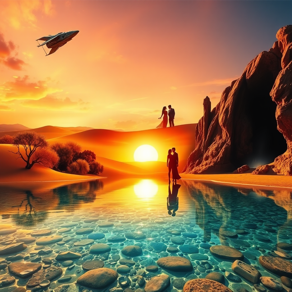 Create a vibrant image showcasing a variety of movie genres represented by different scenes blending seamlessly into a desert oasis. Include elements like a spaceship hovering over a dune, a romantic couple silhouetted against the sunset, and a suspenseful figure emerging from a shadowy canyon. The oasis itself should feature crystal-clear water reflecting the scenes above. Use a color palette of bright, contrasting colors to represent the diversity of content. Focus on dynamic composition and visual storytelling to convey excitement and variety. 4k resolution.