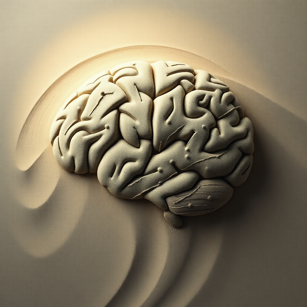 Create an image of a sand dune forming the shape of a human brain, with circuit patterns etched into the surface. A spotlight highlights the intricate network of circuits. The color palette should be muted and sophisticated, using shades of grey, beige, and brown. Emphasize texture details to create a sense of depth and complexity. Symbolize personalized recommendations based on individual preferences. 4k resolution.
