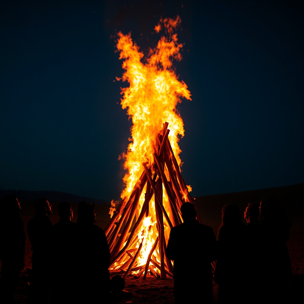 Create an image of a towering bonfire in the middle of the desert, with flames reaching high into the night sky. The fire illuminates the faces of diverse group of silhouettes gathered around, gazing in awe. The color palette should be dramatic, with oranges, reds, and yellows contrasting with the deep blue of the night sky. Emphasize the texture of the flames and the emotion in the silhouettes. Symbolize the power of storytelling. 4k resolution.