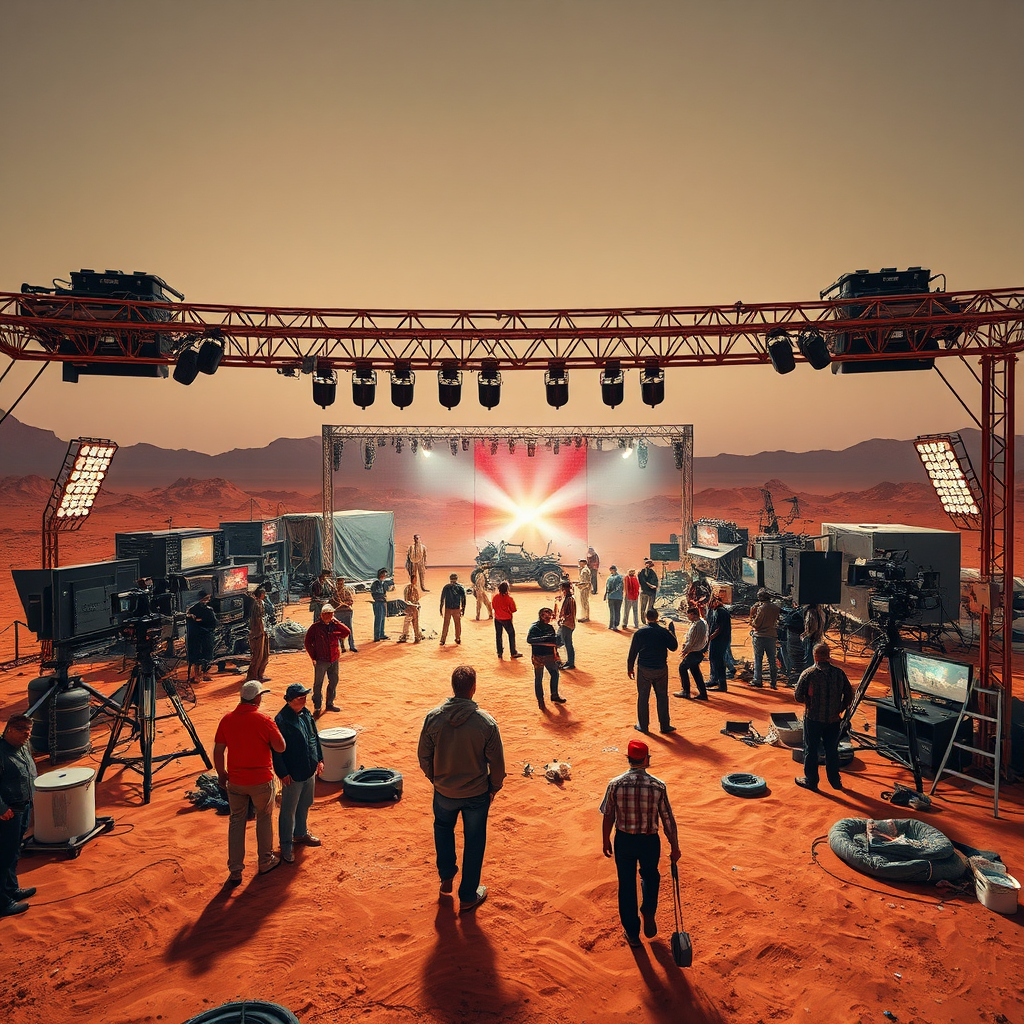 Create an image showing a bustling film set in the middle of a desert landscape. The set should include a variety of equipment, crew members, and actors. The scene should be well-lit and energetic, capturing the excitement of filmmaking. The color palette should be vibrant and dynamic, with a focus on capturing the details of the set and the energy of the crew. The camera angle should be a wide shot, capturing the scale of the production. 4k resolution.