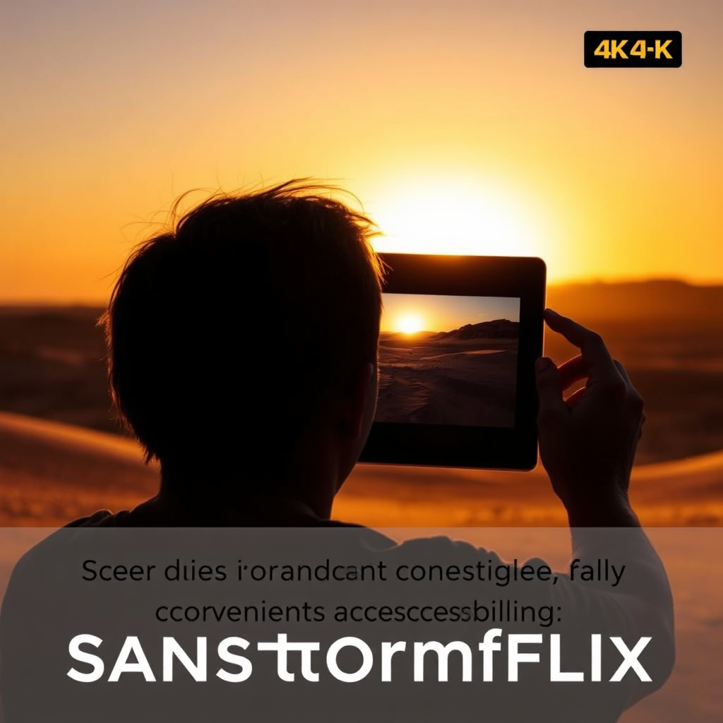 Depict a person silhouetted against a desert sunrise, holding a tablet playing a film scene. The tablet should be subtly integrated into the scene, and the desert landscape should stretch out in all directions. The color palette should be warm and inviting, with the sunrise casting long shadows. Emphasize the convenience and accessibility of Sandstormflix. 4k resolution.