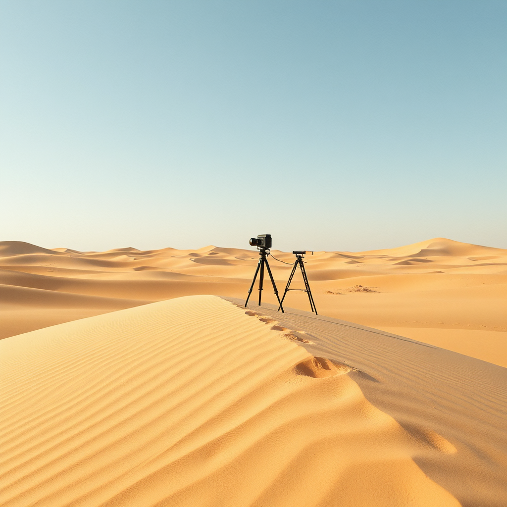 Depict a pristine desert landscape, completely devoid of any commercial elements. A single, vintage film camera stands alone on a dune, capturing the uninterrupted beauty of the scene. The color palette should be clean and minimalist, focusing on natural tones. Use wide angles to convey a sense of openness and freedom. Symbolize an ad-free viewing experience. 4k resolution.