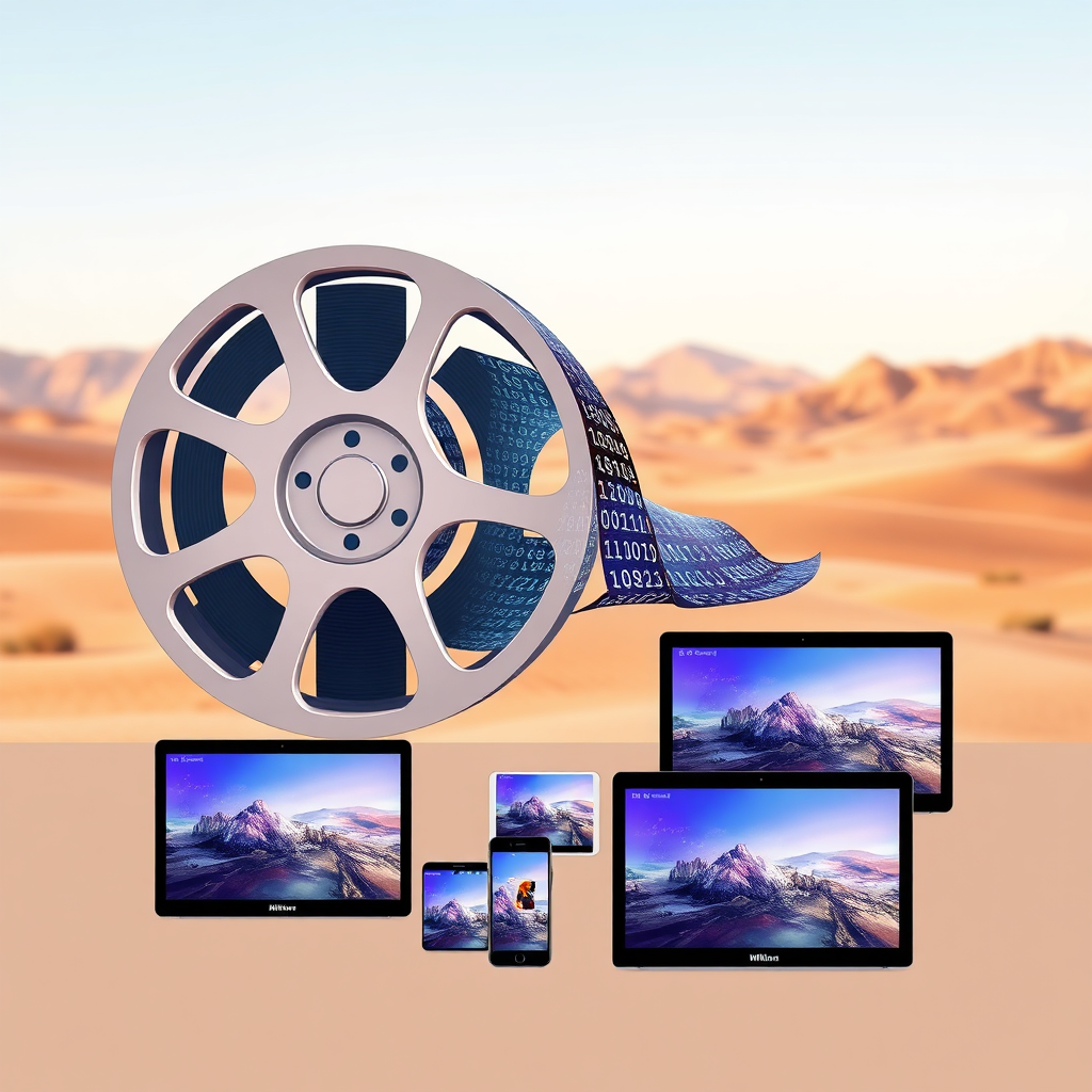 Depict a stylized image of a film reel transforming into a digital code, with various platforms and devices displaying the content. The background should be a subtle desert landscape. Use a bright and clean color palette. 4k resolution.