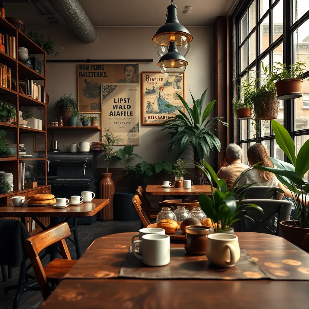 Design a photorealistic image of an artisanal café in Queens, New York. The scene should depict a cozy interior with wooden furnishings, vintage décor, and plants. Utilize soft, warm interior lighting to create an inviting and relaxing mood. The color palette should feature earthy tones such as browns, greens, and soft yellows. The camera angle should be at table level, portraying a detailed view of a barista making coffee, exquisite pastries on display, and customers engaging in quiet conversation. The textures of wooden tables, ceramic mugs, and lush plants should be hyper-detailed. Include environmental elements such as vintage posters on the walls, rustic shelving with books, and a large window with natural light streaming in. The style should evoke the essence of intimate café culture, akin to contemporary still life photography. Render the image in 8K resolution with ultra-high quality and photorealistic detail.
