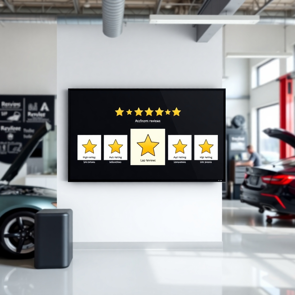 Generate a photorealistic image of several high-rating review badges and logos displayed prominently on a digital screen or wall within a clean, modern auto repair shop. The image should be well-lit, with clean lines and a contemporary design, emphasizing the positive reviews and building trust and confidence in the shop's reputation.
