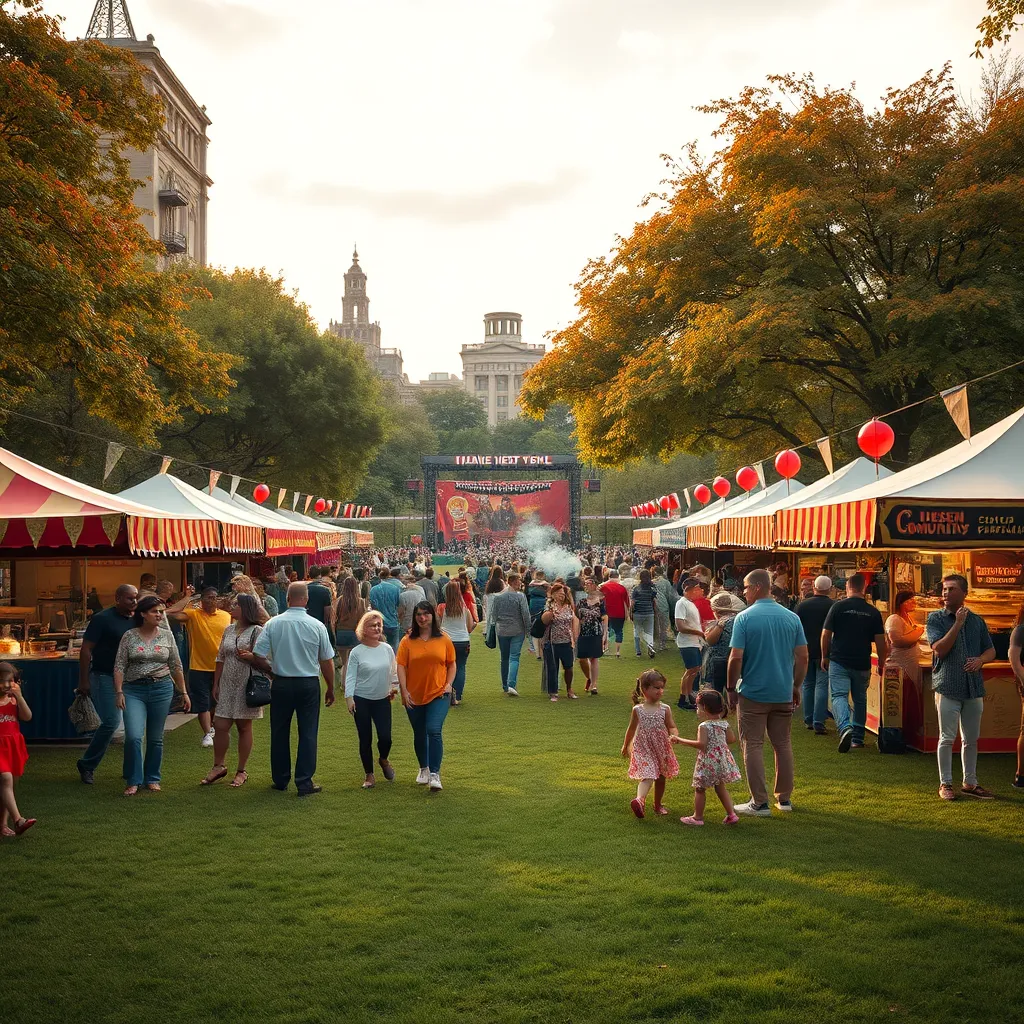 Generate an image of a large community event held in a park in Queens, New York. The setting should be vibrant, with families and friends gathered around various stalls and stages. Use warm, soft diffused lighting to emphasize a welcoming, communal atmosphere. The color palette should be dynamic and festive, featuring colorful banners, balloons, and diverse clothing. The camera angle should be wide to capture the expanse of the event, including a stage with live music, food stalls with steaming dishes, and children playing. The textures of grass, wooden stalls, and cloth banners should be highly detailed. Include background elements such as historical buildings and trees in full foliage. The style should be hyperrealistic, in the spirit of capturing joyful communal gatherings. Render the image in 8K resolution with extreme attention to detail and clarity.