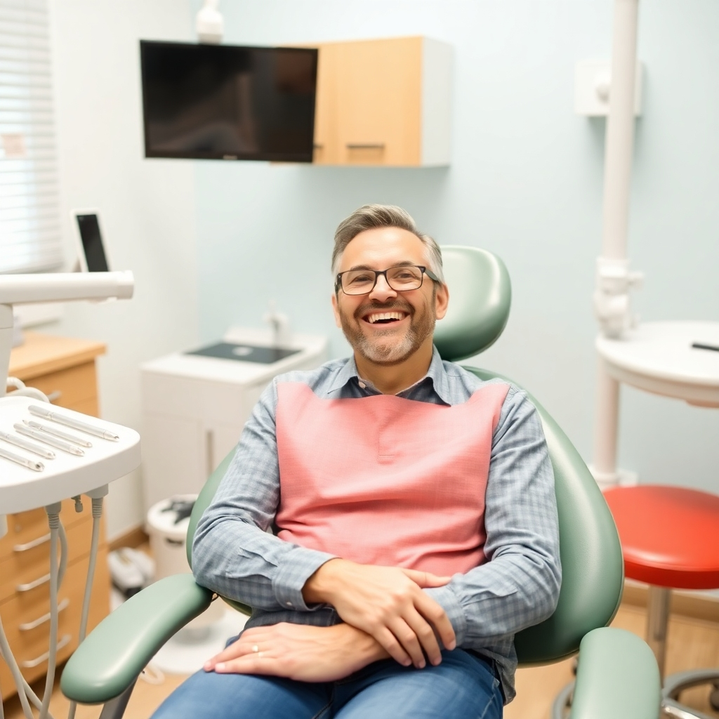 A photorealistic image of a person with a bright, confident smile. The teeth should be perfectly white and straight, with healthy gums.  The background should be slightly blurred, focusing attention on the smile, possibly in a setting of a dental office with modern equipment, enhancing the professional aspect of the image.