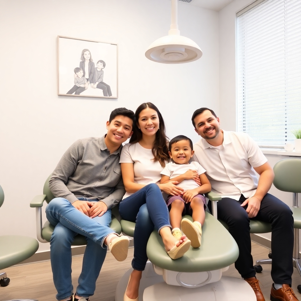 A photorealistic image depicting a diverse family – parents, children of different ages – happily interacting with a friendly dentist and dental hygienist in a modern, bright, and clean dental clinic.  The clinic should have comfortable seating, soft lighting, and child-friendly décor. Focus on genuine smiles and a positive atmosphere. High resolution, detailed, sharp focus