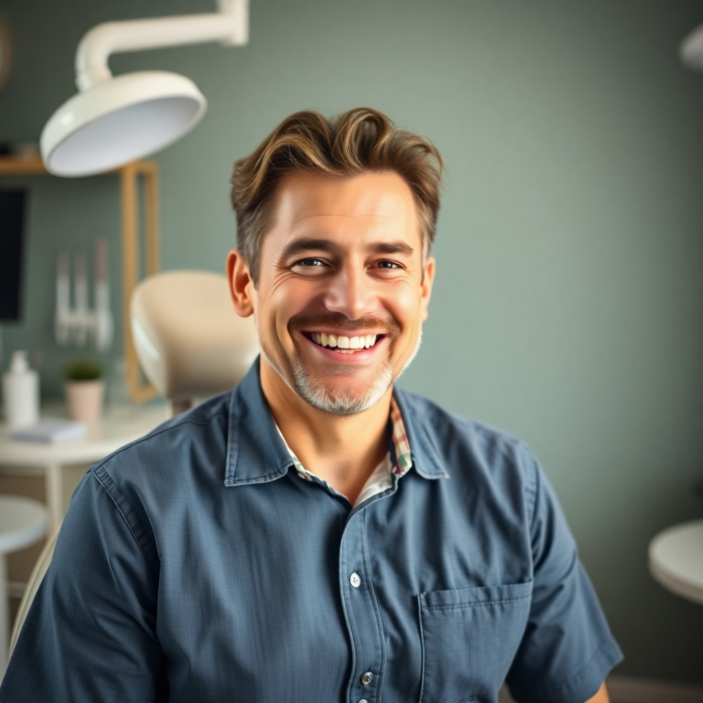 A photorealistic image, rendered in 8K resolution, depicting a close-up view of a healthy, natural-looking dental implant in a patient's mouth. The image should be captured at Dr. Kourush Dental Practice in Queens, New York, and feature soft, diffused lighting creating a calming and professional atmosphere. A warm and inviting color palette should emphasize the health and naturalness of the implant. The camera angle is close-up but not overly intrusive, showing the detail and precision of the implant without being graphic.  The texture of the implant should appear seamless and indistinguishable from the surrounding natural teeth.  The background should be subtly blurred, drawing focus to the implant's flawless integration.   Show the patient smiling confidently, showcasing their restored smile. The style should be inspired by the clean lines and naturalism found in the work of contemporary medical photographers. The mood should be one of reassurance and well-being. The image should be ultra-detailed and hyperrealistic, focusing on the precision and natural look of the dental implant, with the patient's comfortable and positive expression as a key component.